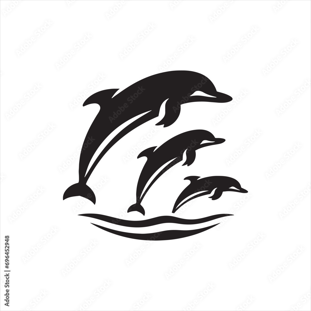 Fototapeta premium dolphin silhouette: Whispering Waves, Silhouetted Dolphins, and Oceanic Whispers in Subdued Silhouettes - Minimallest fish black vector 