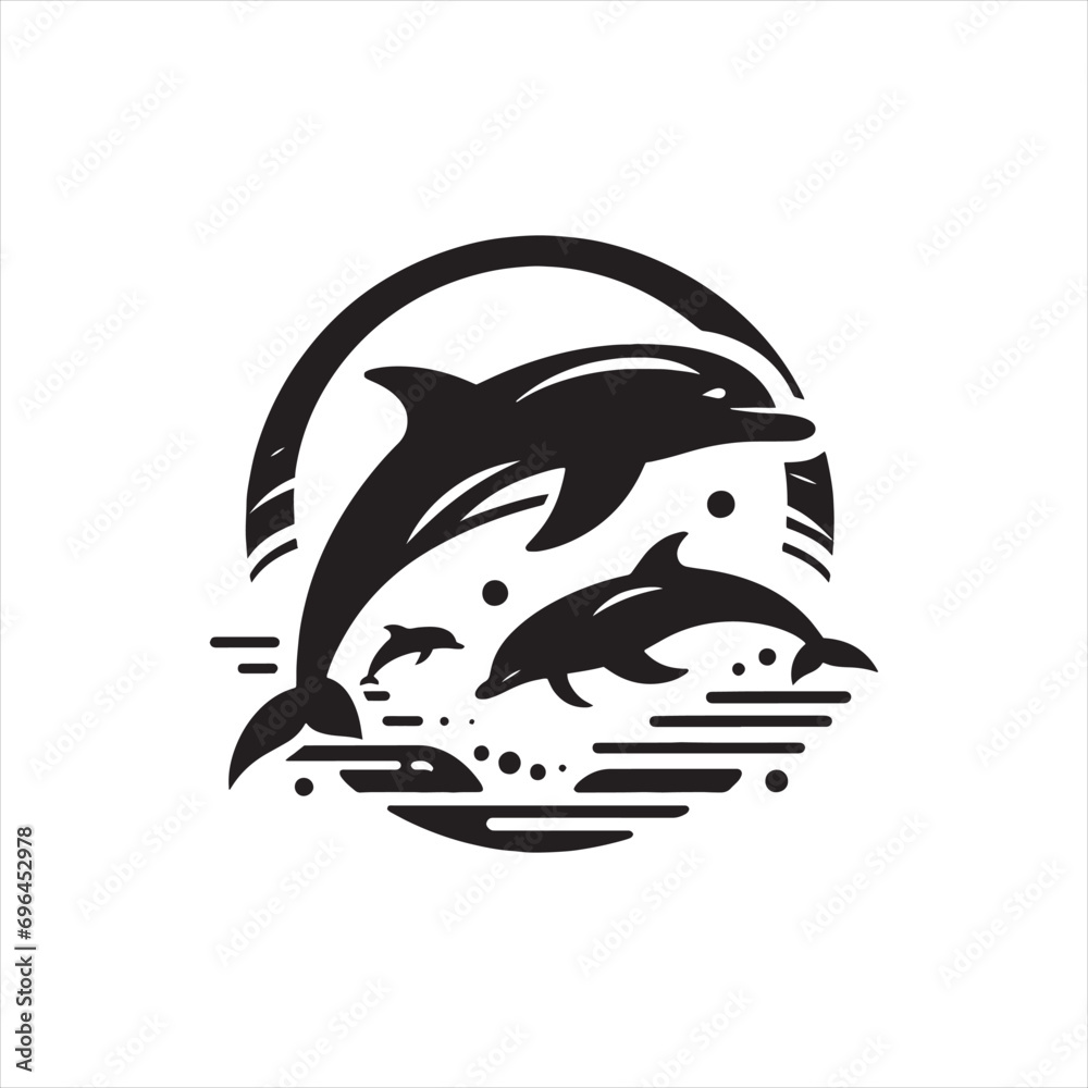 dolphin silhouette: Marine Melody, Singing Dolphins, and Oceanic Harmonies in Melodic Silhouettes - Minimallest fish black vector
