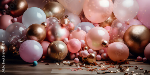 Pink background with balloons, decoration, confetti, sparkles, lights. Top view. Flat lay. Anniversary. Banner for birthday, party, Generative Ai.