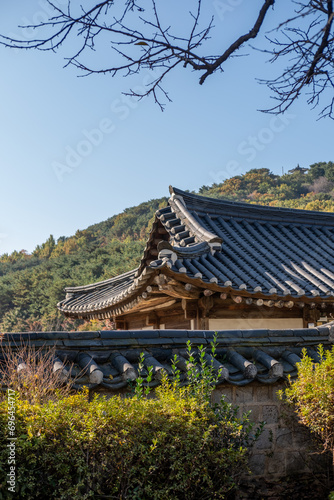 Hwaseong Haenggung, temporary palace where the king used to stay when he traveled outside of Seoul, South Korea. with the autumn nature background. It is famous as K-drama filming location. photo