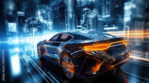 A futuristic sleek and aerodynamic car driving through a neon-lit tunnel.