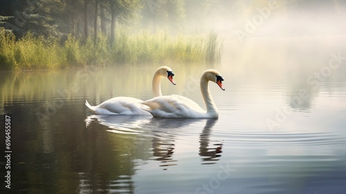 Swans gliding gracefully on a serene lake, their reflections clear and sharp.