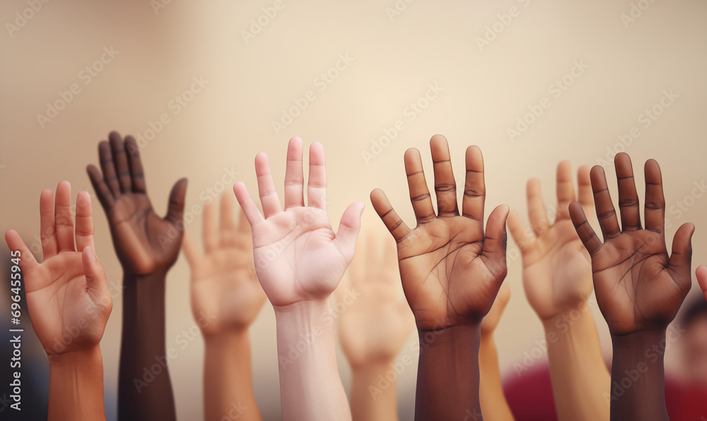 Multi racial group of raised hands