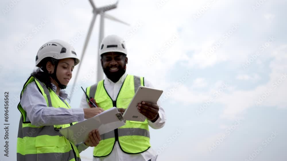 Engineer male and female on wind turbine farm. Two engineers discussed the plan for the maintenance of wind turbines.