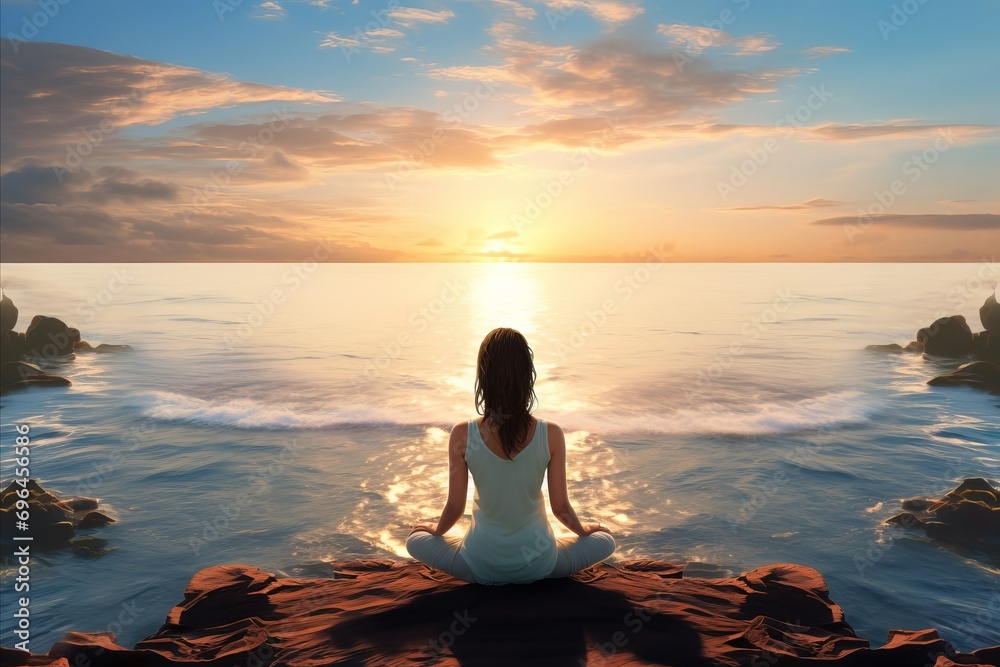 girl sitting on the ocean at sunset, concept of meditation and relaxation, back view