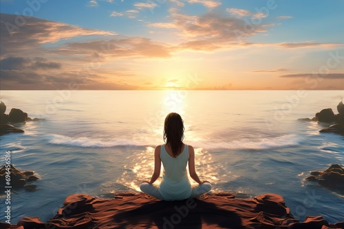 girl sitting on the ocean at sunset, concept of meditation and relaxation, back view