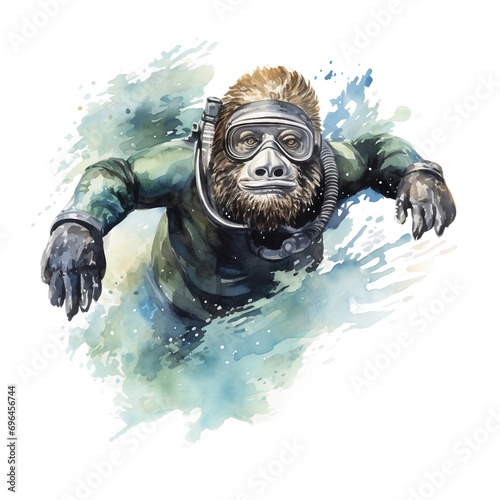 Sasquatch Diver: In wetsuit and scuba diving, watercolour style on white background