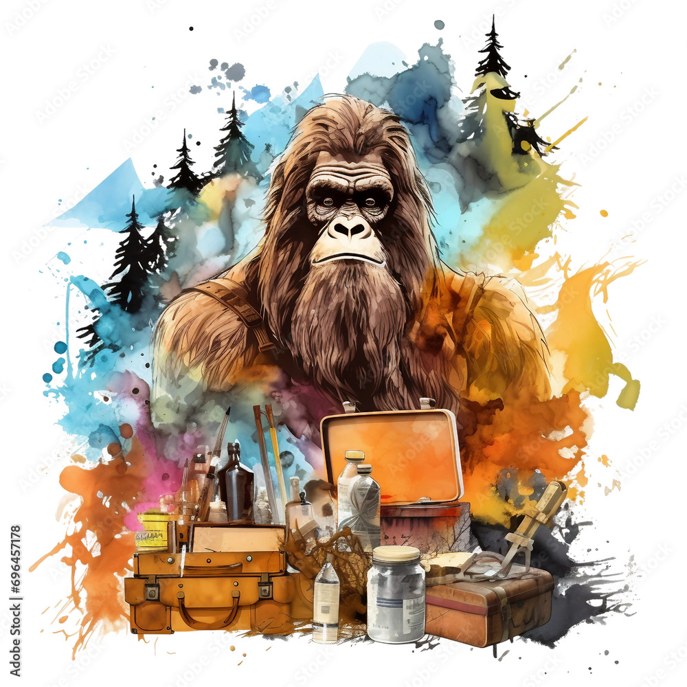 Watercolor Bigfoot, isolated, Sasquatch GI: With drawings and tools ...