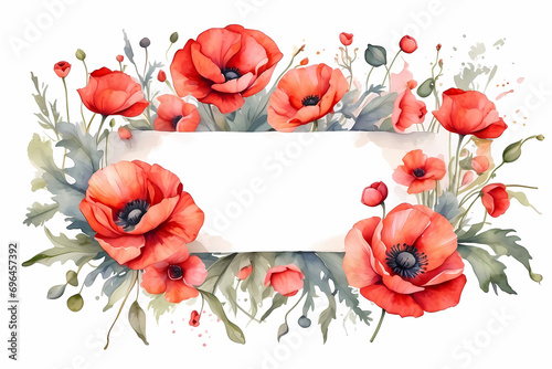 Frame with watercolor poppys. Greeting card template with place for text