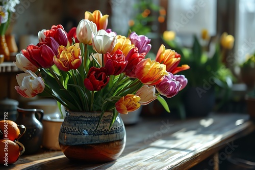 a vibrant and colorful bouquet of fresh tulips in a patterned vase, placed on a wooden surface and illuminated by natural light.
