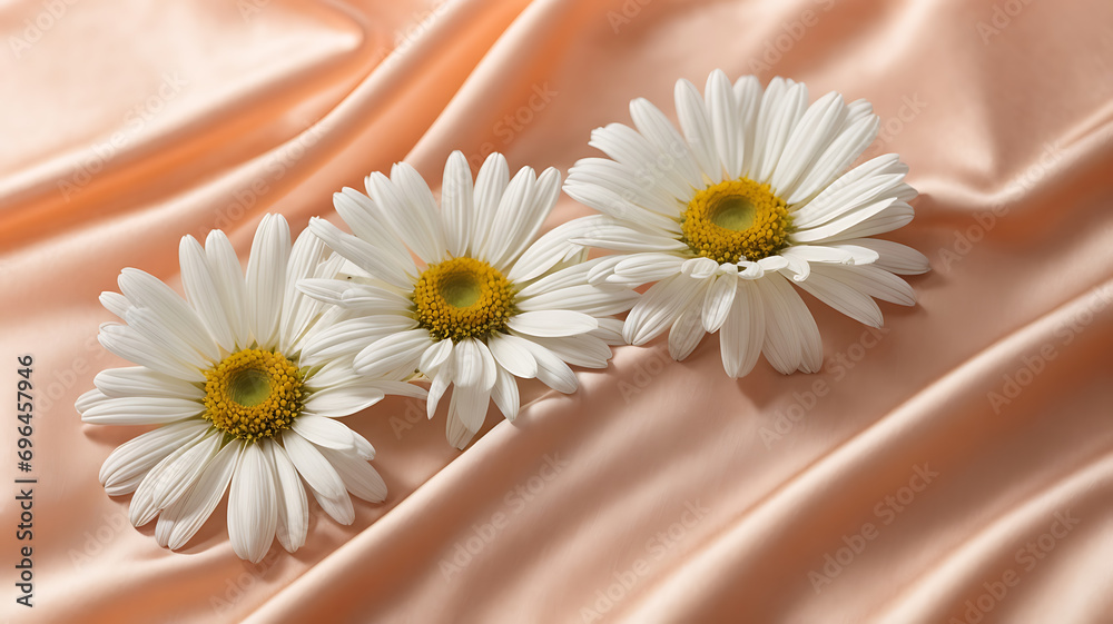 White daisy flowers on peach silky fabric White daisy flowers on peach silky fabric