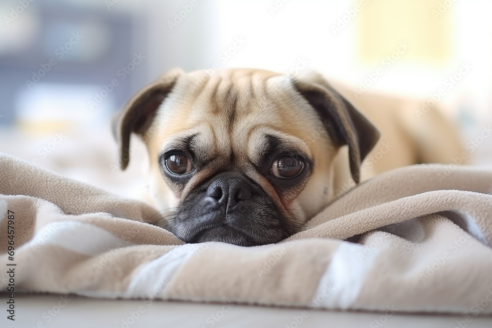 Portrait of a small pug puppy with big eyes looking at the camera, lying on a bed on a white sheet in the modern bedroom