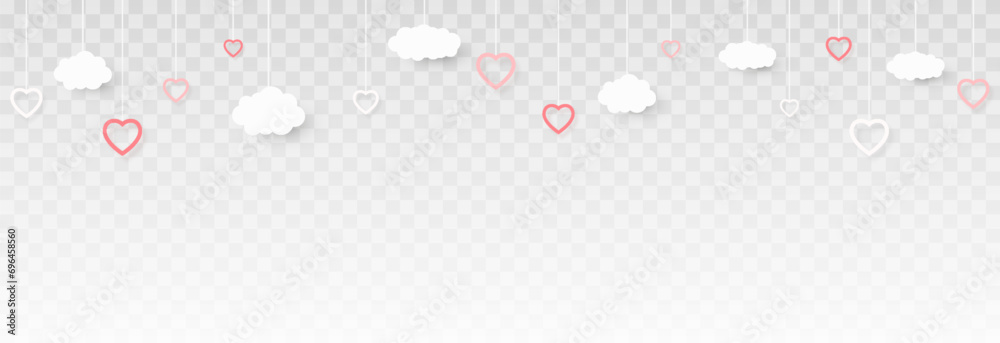 Paper hanging hearts png. Paper confetti in the shape of a heart for Valentine's Day. Garland with paper hearts and clouds png. Mothers Day. March 8.