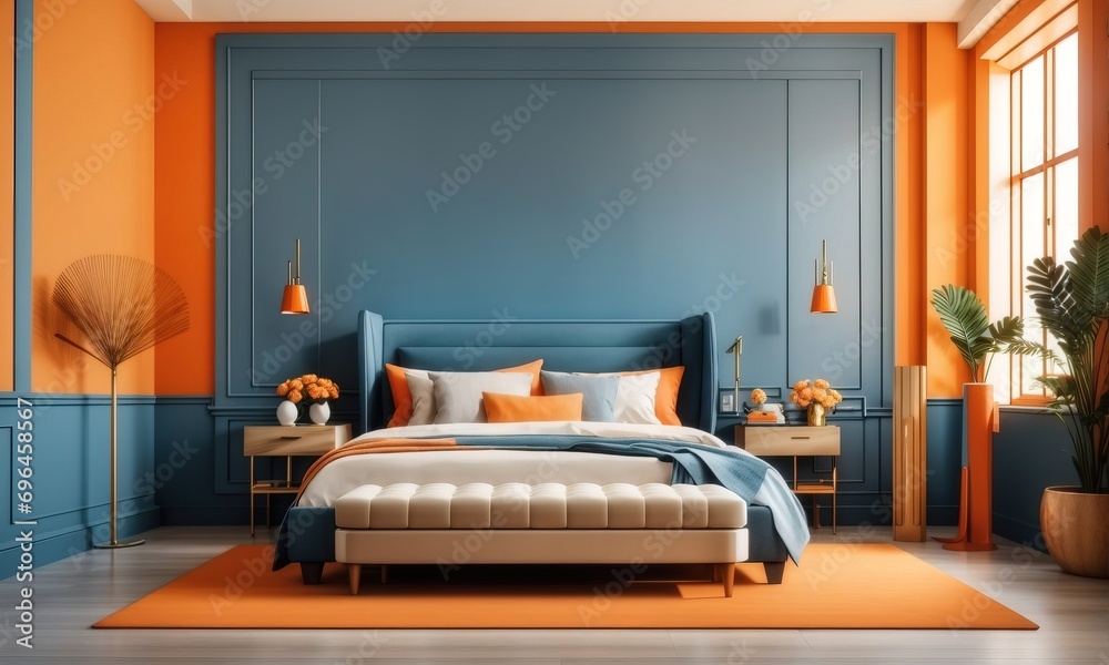 Bed and bench against orange and blue wall with copy space. Art deco interior design of modern bedroom Bed and bench against orange and blue wall with copy space. Art deco interior design of modern bedroom