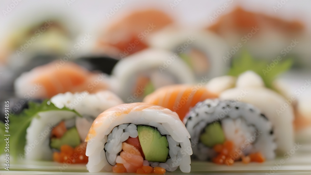 Close-up details of a perfectly rolled sushi, capturing the precision in its construction, the freshness of the ingredients, generative AI, background image