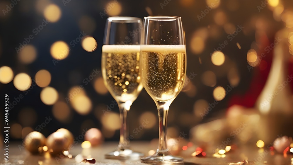A close-up image showcasing the effervescence and golden hues of champagne in a glass against a Valentine's Day-themed background, generative AI, background image