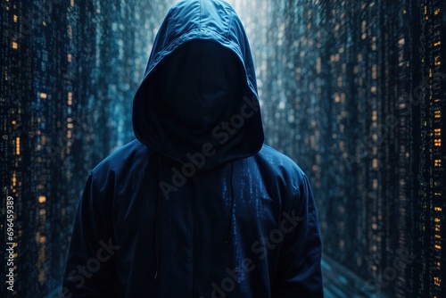 Blue binary code, forming a silhouette of a hacker in a hoodie, dynamic lines and patterns similar to the matrix.