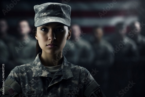 Precision Promotion: Close-Up of a Female Military Personnel, Tailored for Ad Campaigns or Promotions, Accommodating Space for Strategic Text Placement