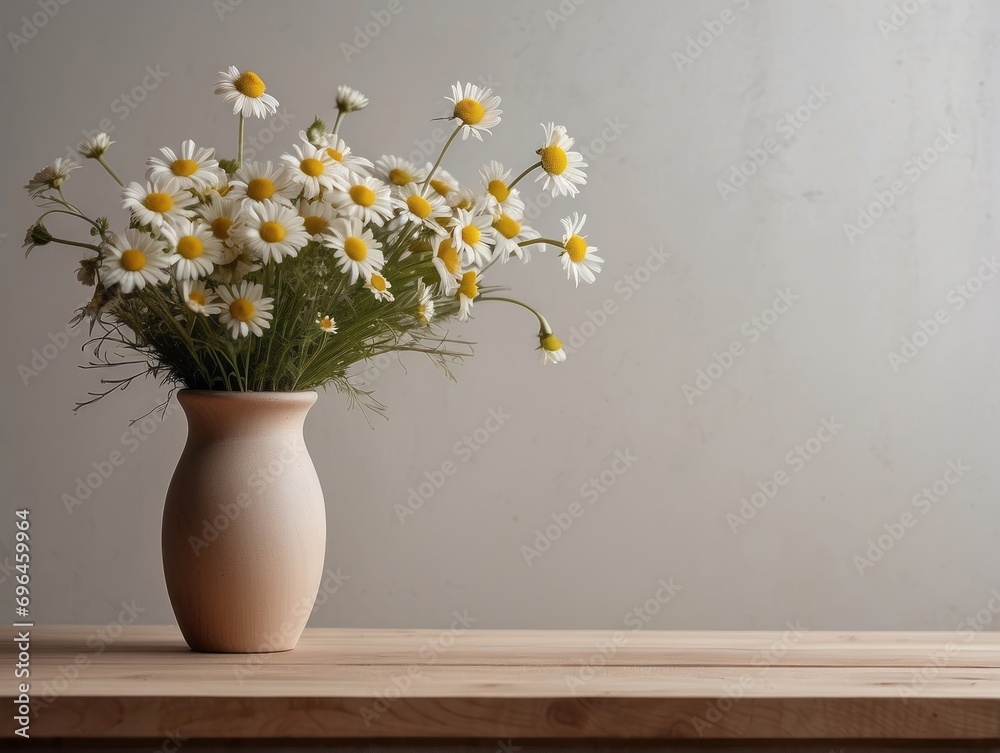 Wooden table with beige clay vase with bouquet of chamomile flowers near empty