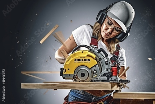Joinery Craftswoman: Close-Up View of a Female Joiner, Tailored for Advertisements or Promotions, Offering Strategic Space for Text or Graphics photo