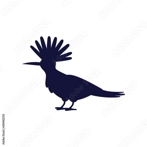 Tropical hoopoe bird with long crest and beak black silhouette, vector cartoon exotic wild bird jungle fauna animal