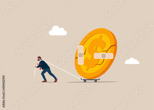 Male walking with bandage repaired dollar coin shape. Counter economic crisis. Flat vector illustration