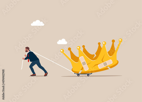 Male walking with bandage repaired Crown shape. Proud attitude. Move on or forget. Flat vector illustration