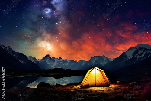 Yellow Tent Illuminated by Lights Next to the Lake - Night Camping under a Starlit Sky - outdoor concept