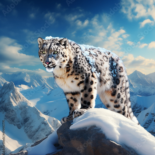 leopardo das neves fazendo posse lendária  no topo de uma montanha de neve com os céus ao fundo - Papel de parede no estilo colagem  © vitor