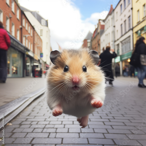 Hamster fofo correndo nas ruas da cidade com o fundo levemente desfocado - Papel de parede  photo