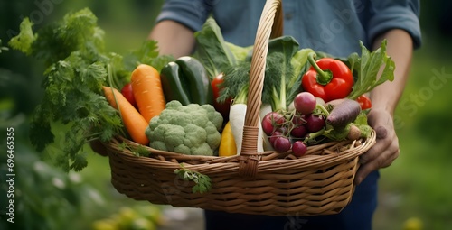 Raw Harvest Bounty - Man Holding Basket Full of Vegetables - Landscape-Focused Close-Up
