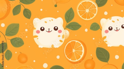 sweet kitten in kavaii style on orange background
