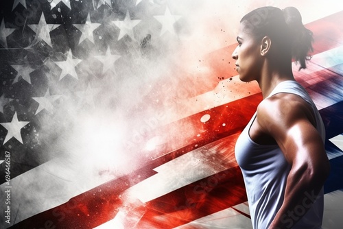 Athlete's Glory: Captivating Close-Up of a Female Trainer, Crafted for Promotions with a Bold USA Flag Background photo