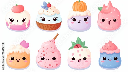 sweet pastries kawaii style on white isolated background with space for text and graphics