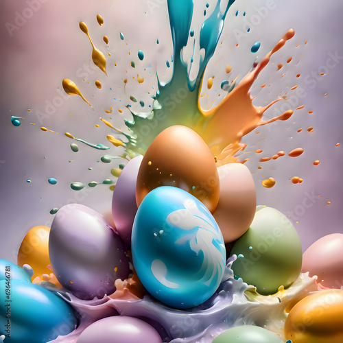 Egg splashing out of an eggshell, 3d render, Colorful Easter eggs with splashes and drops on colorful background
