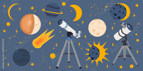 Simple vector illustration space set.Illustration in minimalistic style eclipse,constellation,planets,stars.