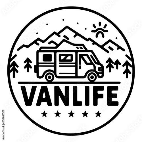 Camper motorhome mountains and forest background round logo with sign