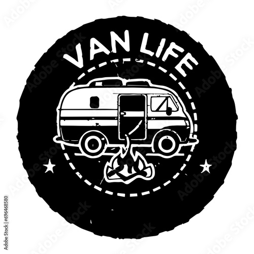 Black round badge with camper van and sign illustration