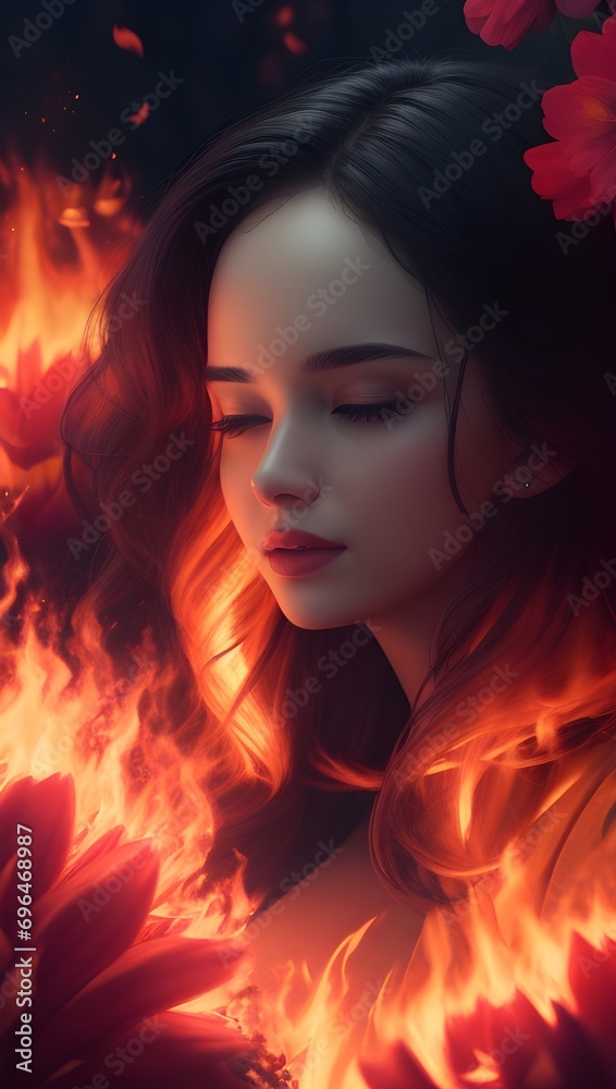  romantic girl surrounded by burning flowers and flames, a beautiful romantic scene