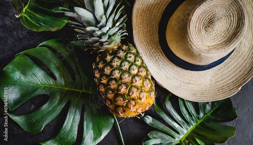 pineapple, straw hat, and tropical leaves