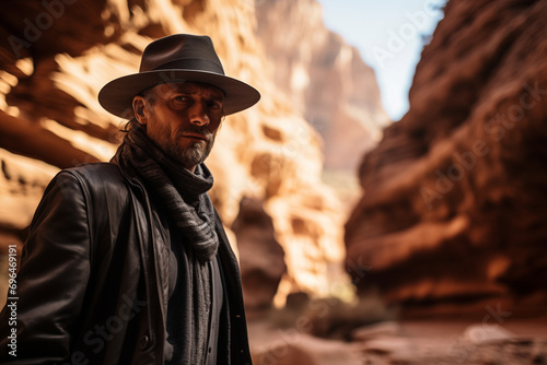 a man wearing hat standing in a rock canyon