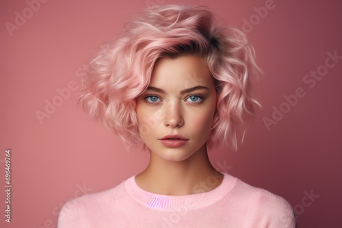 Beauty cute fashion model with natural make up on pink background. Danish girl portrait