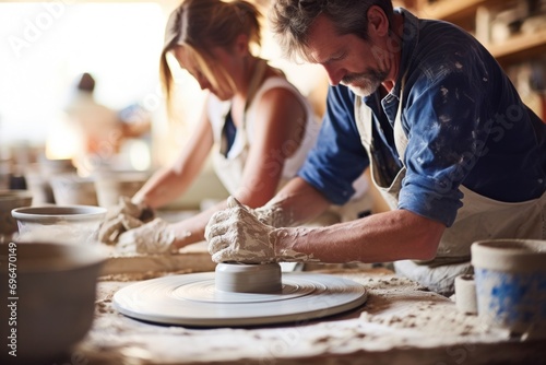 Couple engaged in pottery workshop, molding clay together. Pottery making process