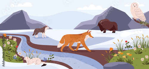 Tundra arctic animals in natural environment, flat vector illustration.