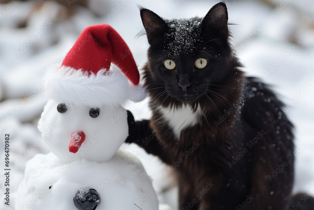 Fotografía de Stock de un gato negro con ojos brillantes y un sombrero de Santa Claus sentado sobre un muñeco de nieve Fotografía de Stock de un gato negro con ojos brillantes y un sombrero de Santa Claus sentado sobre un muñeco de nieve