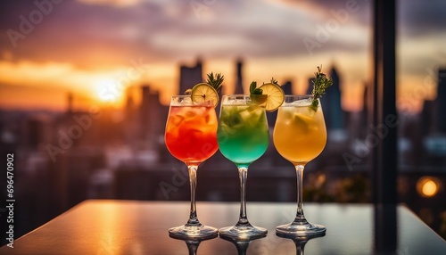 Sunset Cityscape with Colorful Cocktails on Rooftop Bar
