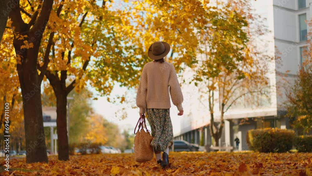 joyful smiling woman wearing long knitted sweater or cardigan walks in maple park with golden foliage. Woman in nature at warm fall day. Active lifestyle. Female outdoors. girl walk in autumn park joyful smiling woman wearing long knitted sweater or cardigan walks in maple park with golden foliage. Woman in nature at warm fall day. Active lifestyle. Female outdoors. girl walk in autumn park