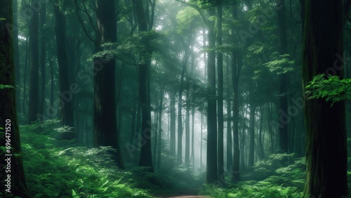 mysterious forest in the fog