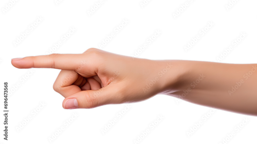 Woman hand shows fist finger direction gesture side view isolated on transparent background. - obrazy, fototapety, plakaty 