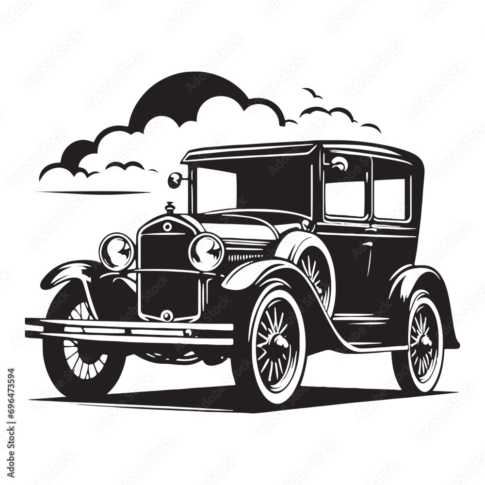 vintage car silhouette - Classic Retro Automobile Sunset Sky Black Silhouetted Background Drive Journey Travel Transportation Outline Icon Vintage Vehicle Black Vector
